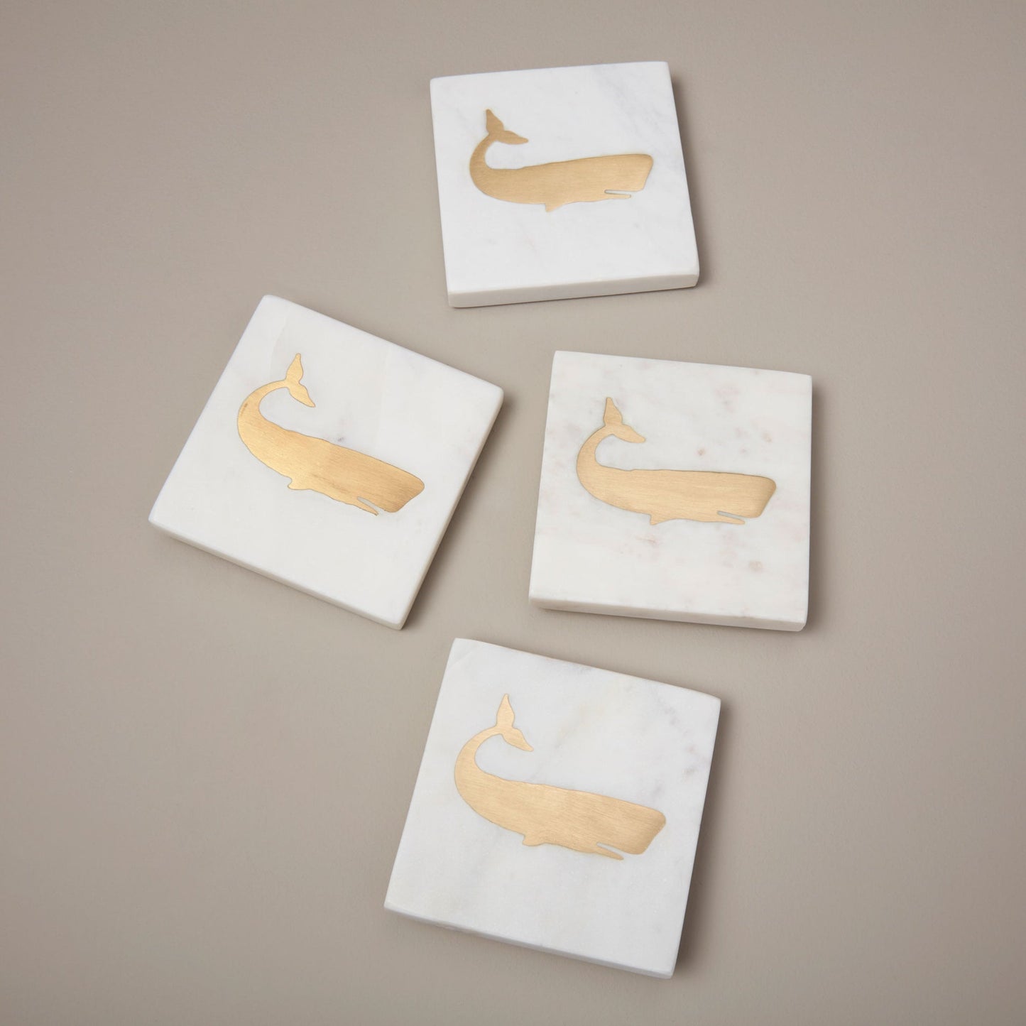 White Marble & Gold Square Whale Coasters, Set of 4